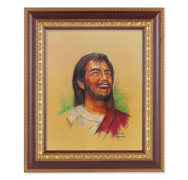Segura: Laughing Jesus, 11-1/2"x13-1/2, Cherry Finish with Gold Egg & Dart Frame, Italian Print Under Glass # 25980