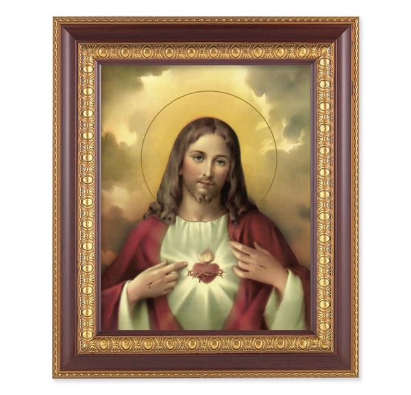 Sacred Heart of Jesus, 11-1/2"x13-1/2, Cherry Finish with Gold Egg & Dart Frame, Italian Print Under Glass # 25981