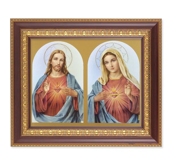 The Sacred Hearts, 11-1/2"x13-1/2, Cherry Finish with Gold Egg & Dart Frame, Italian Print Under Glass # 25984