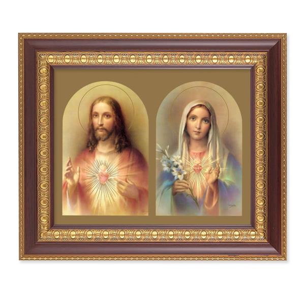 The Sacred Hearts, 11-1/2"x13-1/2, Cherry Finish with Gold Egg & Dart Frame, Italian Print Under Glass # 25985