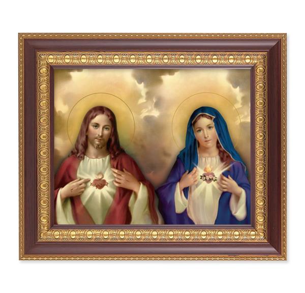 The Sacred Hearts, 11-1/2"x13-1/2, Cherry Finish with Gold Egg & Dart Frame, Italian Print Under Glass # 25986