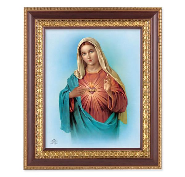 Immaculate Heart of Mary, 11-1/2"x13-1/2, Cherry Finish with Gold Egg & Dart Frame, Italian Print Under Glass # 25988