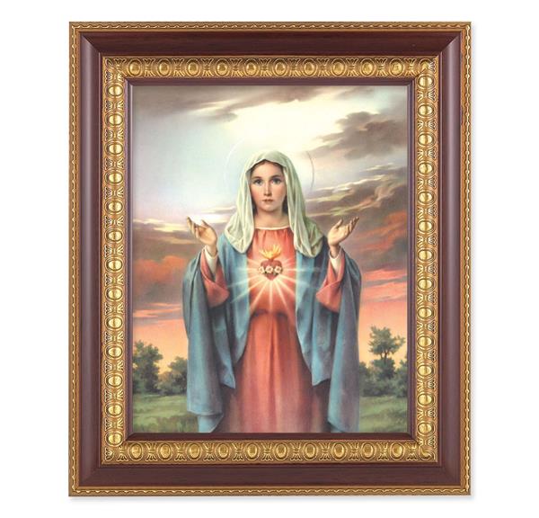 Immaculate Heart of Mary, 11-1/2"x13-1/2, Cherry Finish with Gold Egg & Dart Frame, Italian Print Under Glass # 25992