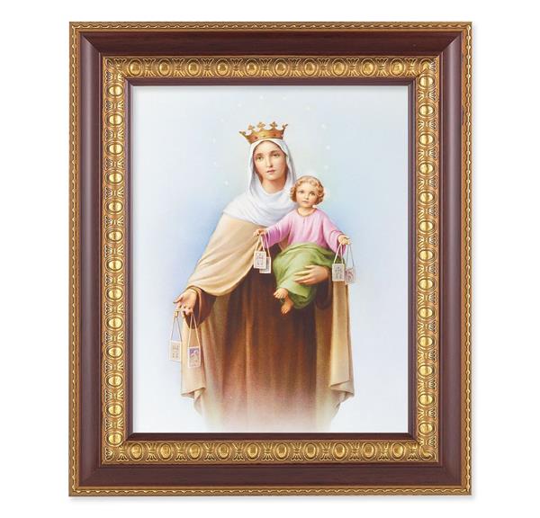 Our Lady of Mount Carmel, 11-1/2"x13-1/2, Cherry Finish with Gold Egg & Dart Frame, Italian Print Under Glass # 25994