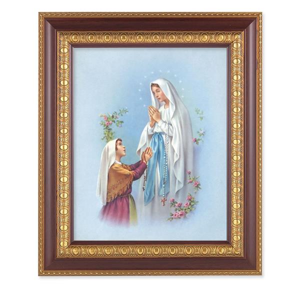 Our Lady of Lourdes, 11-1/2"x13-1/2, Cherry Finish with Gold Egg & Dart Frame, Italian Print Under Glass # 25997