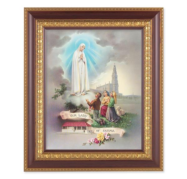 Our Lady of Fatima, 11-1/2"x13-1/2, Cherry Finish with Gold Egg & Dart Frame, Italian Print Under Glass # 25999