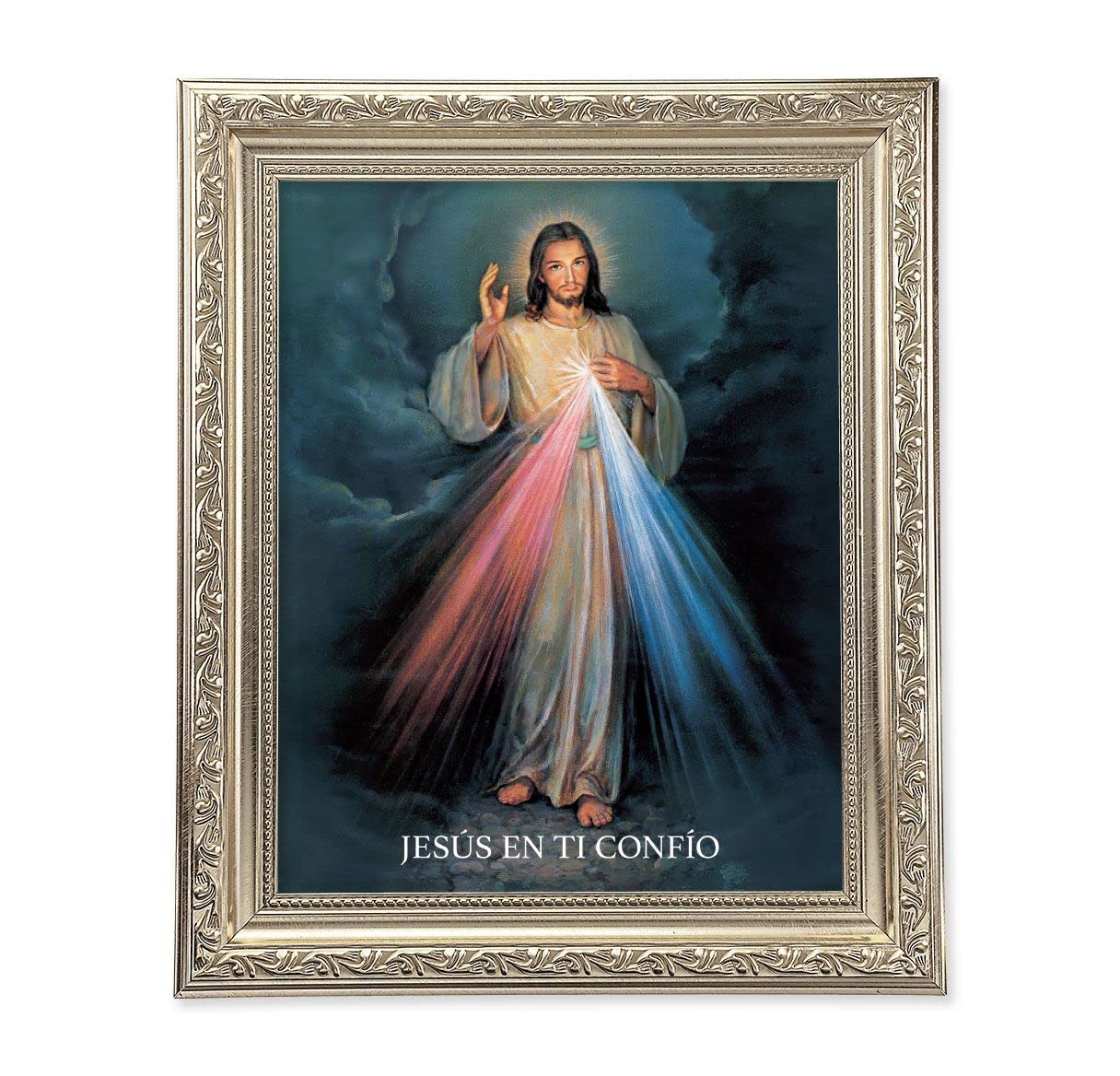 Spansh Divine Mercy, 10"x12" Antique Silver & Carved Scrollwork Frame, Italian Print Under Glass # 26763