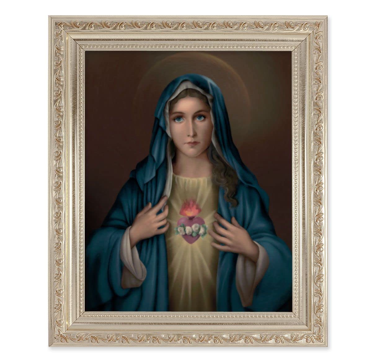 Immaculate Heart of Mary, 10"x12" Antique Silver & Carved Scrollwork Frame, Italian Print Under Glass # 26801