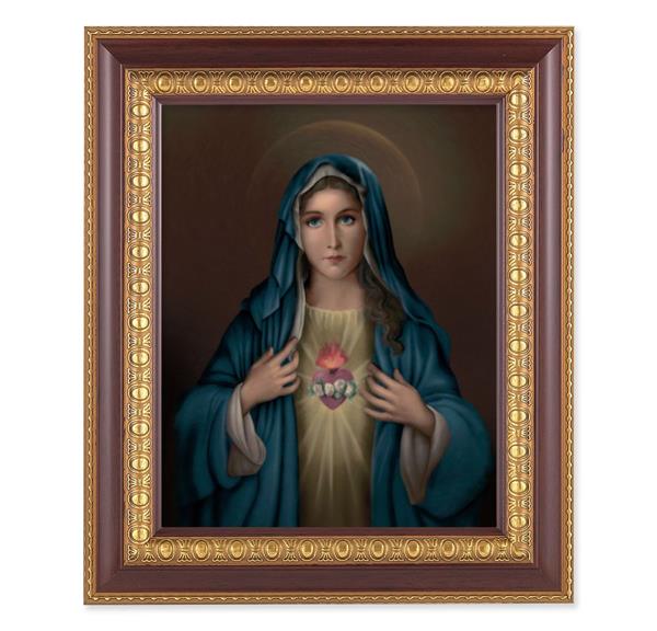Immaculate Heart of Mary, 11-1/2"x13-1/2, Cherry Finish with Gold Egg & Dart Frame, Italian Print Under Glass # 26002
