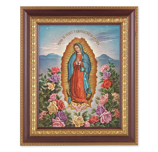 Our Lady of Guadalupe, 11-1/2"x13-1/2, Cherry Finish with Gold Egg & Dart Frame, Italian Print Under Glass # 26006