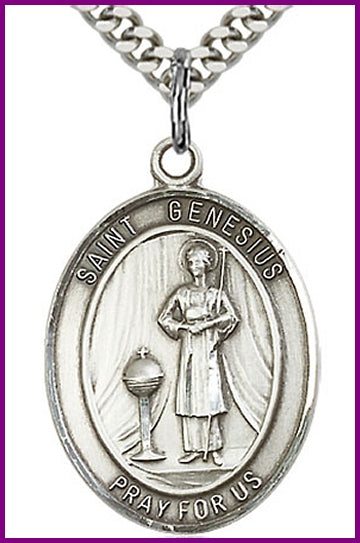 St. Genesuis of Rome Medal, Sterling Silver, 1"x3/4", Your choice of chain, # 26009