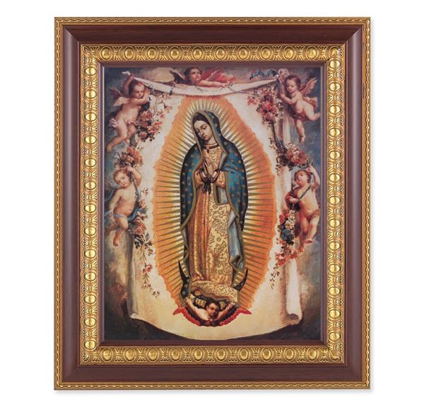 Our Lady of Guadalupe with Angels, 11-1/2"x13-1/2, Cherry Finish with Gold Egg & Dart Frame, Italian Print Under Glass # 26010