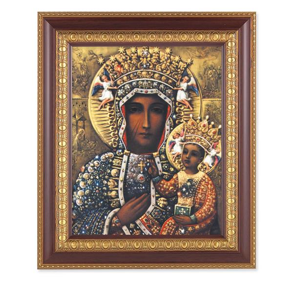 Our Lady of Czestochowa, 11-1/2"x13-1/2, Cherry Finish with Gold Egg & Dart Frame, Italian Print Under Glass # 26011