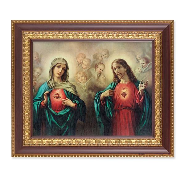 The Sacred Hearts, 11-1/2"x13-1/2, Cherry Finish with Gold Egg & Dart Frame, Italian Print Under Glass # 26013
