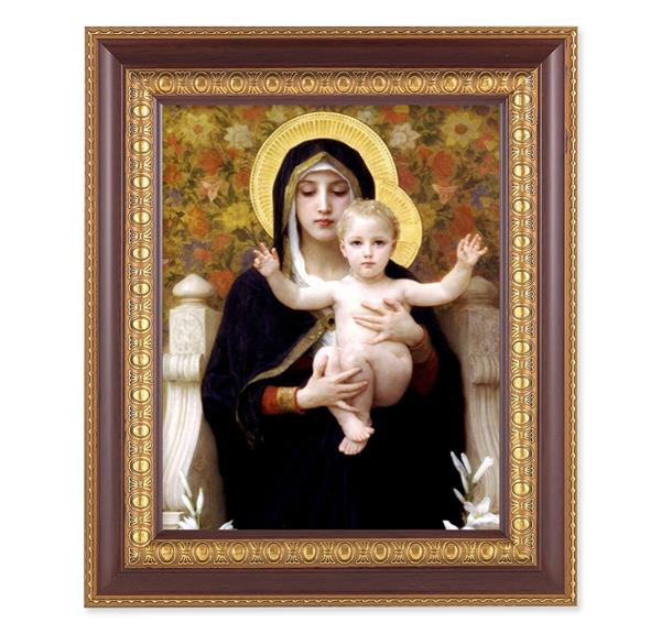 Bouguereau: Madonna of The Lilies, 11-1/2"x13-1/2, Cherry Finish with Gold Egg & Dart Frame, Italian Print Under Glass # 26015