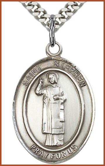Sterling Silver Medal, 1"x3/4", St. Stephen the Martyr, Your Choice of Chain, # 260204