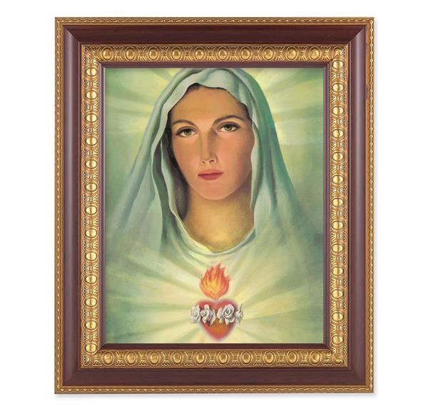Immaculate Heart of Mary, 11-1/2"x13-1/2, Cherry Finish with Gold Egg & Dart Frame, Italian Print Under Glass # 26023