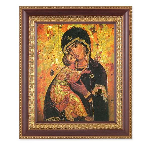 Our Lady of Vladimir, 11-1/2"x13-1/2, Cherry Finish with Gold Egg & Dart Frame, Italian Print Under Glass # 26028