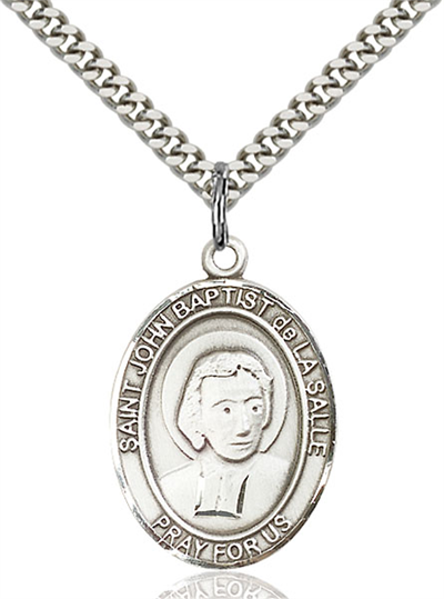 1"x3/4" Sterling Silver St. John Baptist de la Salle Medal, Your Choice of Chain, # 26032