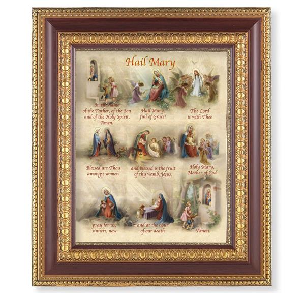 Hail Mary in Images, 11-1/2"x13-1/2, Cherry Finish with Gold Egg & Dart Frame, Italian Print Under Glass # 26040