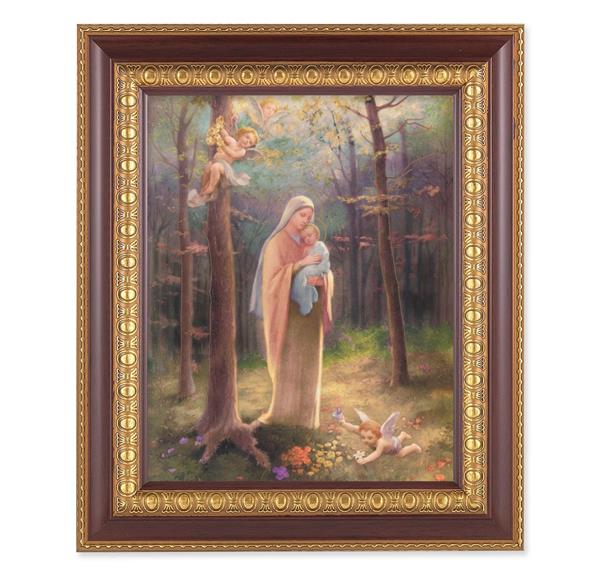 Madonna of The Woods, 11-1/2"x13-1/2, Cherry Finish with Gold Egg & Dart Frame, Italian Print Under Glass # 26046