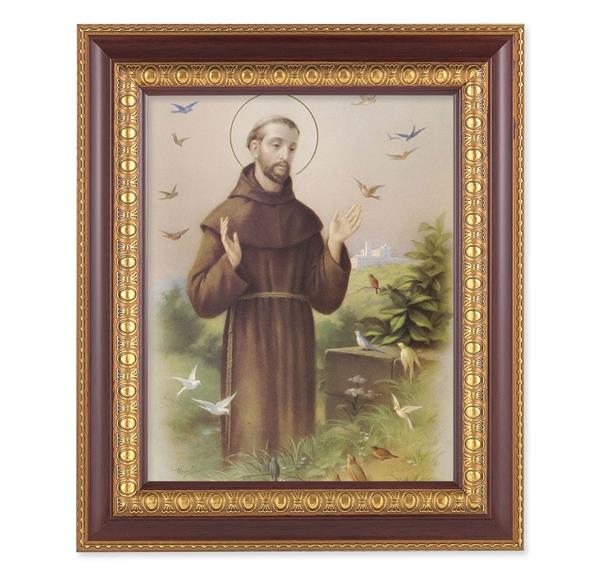 St. Francis of Assisi, 11-1/2"x13-1/2, Cherry Finish with Gold Egg & Dart Frame, Italian Print Under Glass # 26056