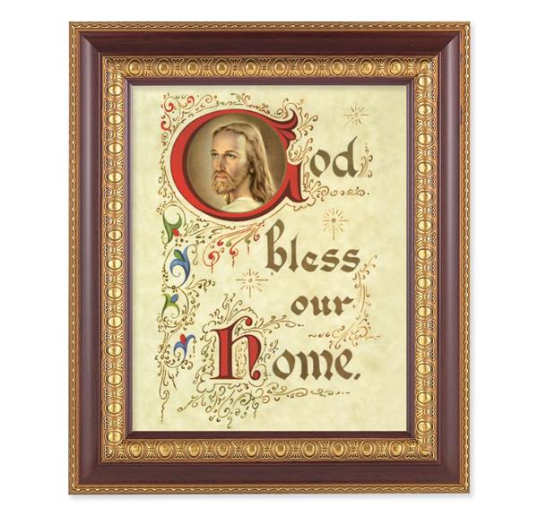 God Bless Our Home, 11-1/2"x13-1/2, Cherry Finish with Gold Egg & Dart Frame, Italian Print Under Glass # 26081