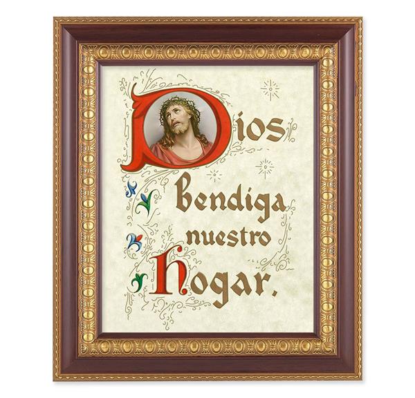 Spanish God Bless Our Home, 11-1/2"x13-1/2, Cherry Finish with Gold Egg & Dart Frame, Italian Print Under Glass # 26082