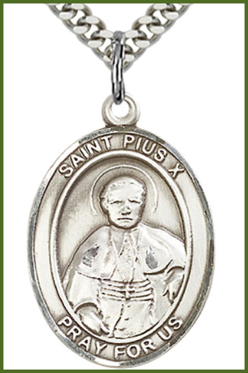 Sterling Silver Medal, 1" x 3/4", St. Pius X, Your Choice of Chain, # 26084