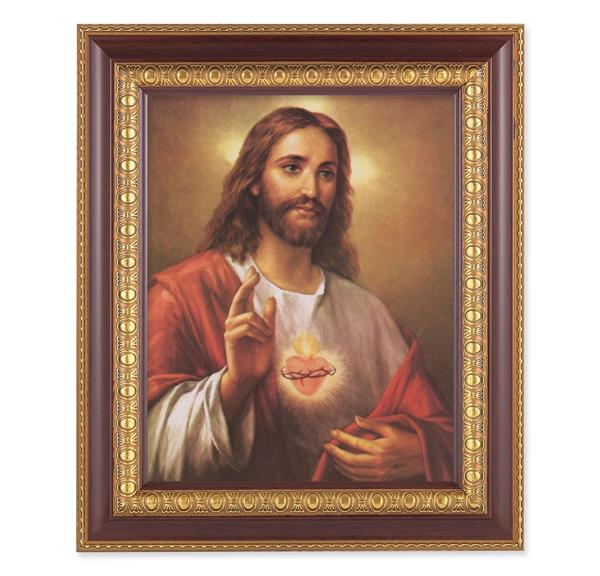 La Fuente: Sacred Heart of Jesus, 11-1/2"x13-1/2, Cherry Finish with Gold Egg & Dart Frame, Italian Print Under Glass # 26087