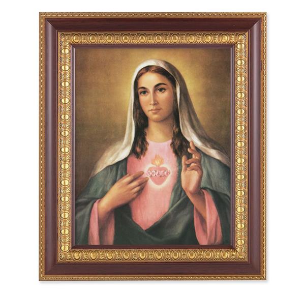 La Fuente: Immaculate Heart of Mary, 11-1/2"x13-1/2, Cherry Finish with Gold Egg & Dart Frame, Italian Print Under Glass # 26088
