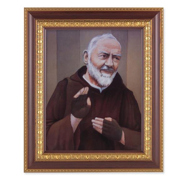 St. Padre Pio, 11-1/2"x13-1/2, Cherry Finish with Gold Egg & Dart Frame, Italian Print Under Glass # 26089