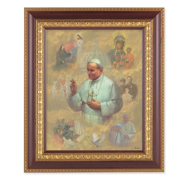 St. John Paul II Collage, 11-1/2"x13-1/2, Cherry Finish with Gold Egg & Dart Frame, Italian Print Under Glass # 26091