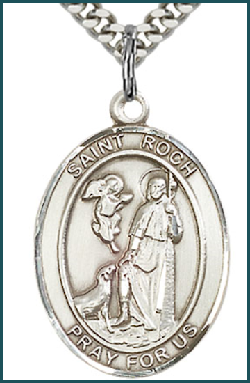Sterling Silver Medal, 1" x 3/4", St. Roch, Your Choice of Chain, # 26093