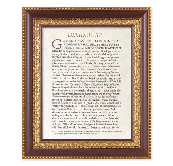 Desiderata Go Placidly Prayer, 11-1/2"x13-1/2, Cherry Finish with Gold Egg & Dart Frame, Italian Print Under Glass # 26100