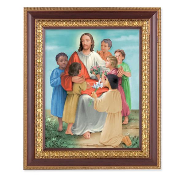 Christ with Children, 11-1/2"x13-1/2, Cherry Finish with Gold Egg & Dart Frame, Italian Print Under Glass # 26102