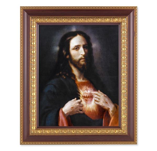 Ponce: Sacred Heart of Jesus, 11-1/2"x13-1/2, Cherry Finish with Gold Egg & Dart Frame, Italian Print Under Glass # 26105