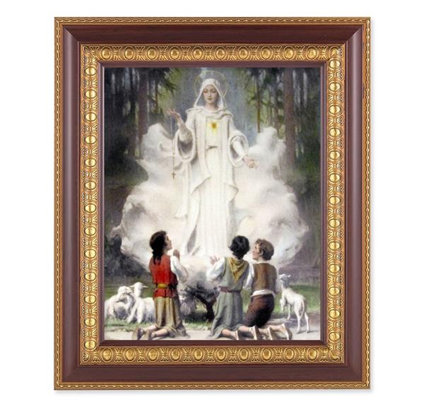 Our Lady of Fatima, 11-1/2"x13-1/2, Cherry Finish with Gold Egg & Dart Frame, Italian Print Under Glass # 26109