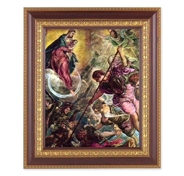 The Battle of Archangel Michael, 11-1/2"x13-1/2, Cherry Finish with Gold Egg & Dart Frame, Italian Print Under Glass # 26129