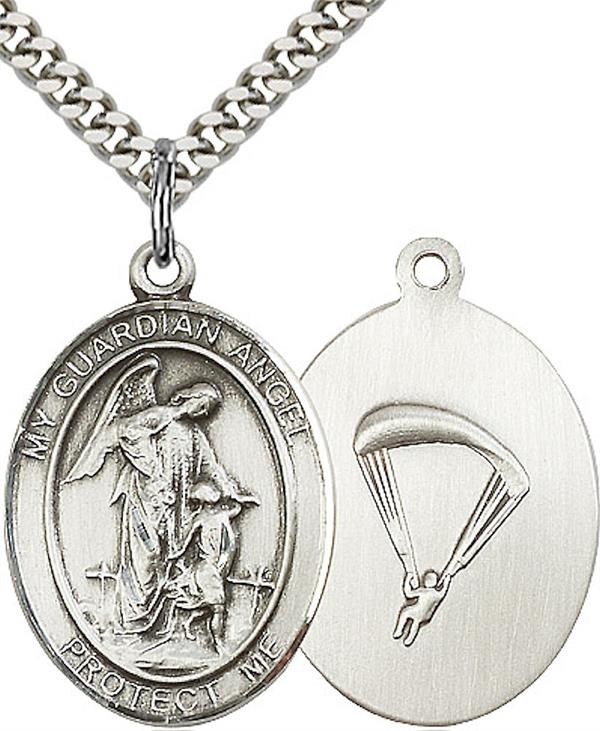 Guardian Angel Paratrooper Skydiving Medal, 1" tall, Fine Pewter, Your Choice of Chain, # 2613