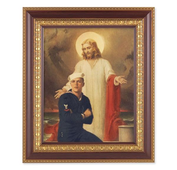 Chambers: Jesus Christ with Sailor, 11-1/2"x13-1/2, Cherry Finish with Gold Egg & Dart Frame, Italian Print Under Glass # 26133