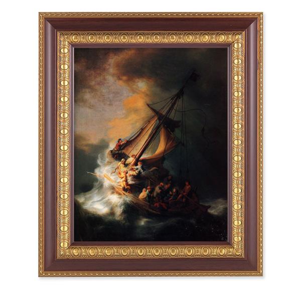 Rembrandt: The Storm of Sea of Galilee, 11-1/2"x13-1/2, Cherry Finish with Gold Egg & Dart Frame, Italian Print Under Glass # 26134