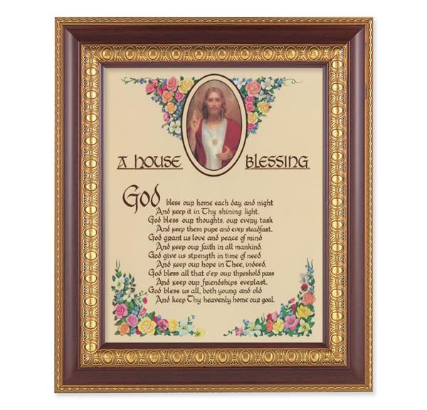 A House Blessing Picture, 11-1/2"x13-1/2, Cherry Finish with Gold Egg & Dart Frame, Italian Print Under Glass # 26140