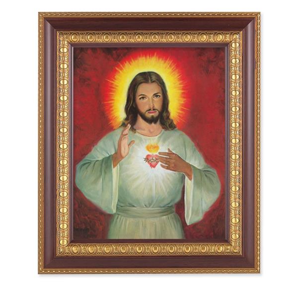 Sacred Heart of Jesus Picture, 11-1/2"x13-1/2, Cherry Finish with Gold Egg & Dart Frame, Italian Print Under Glass # 26141