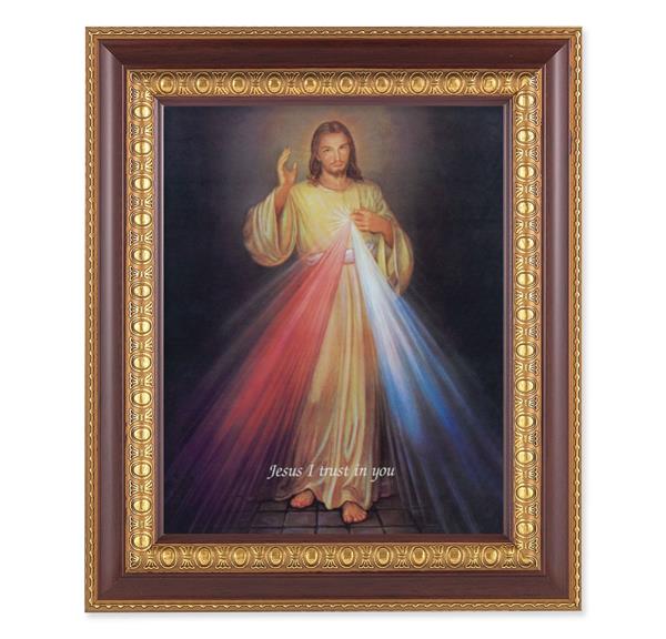 Divine Mercy Picture, 11-1/2"x13-1/2, Cherry Finish with Gold Egg & Dart Frame, Italian Print Under Glass # 26144