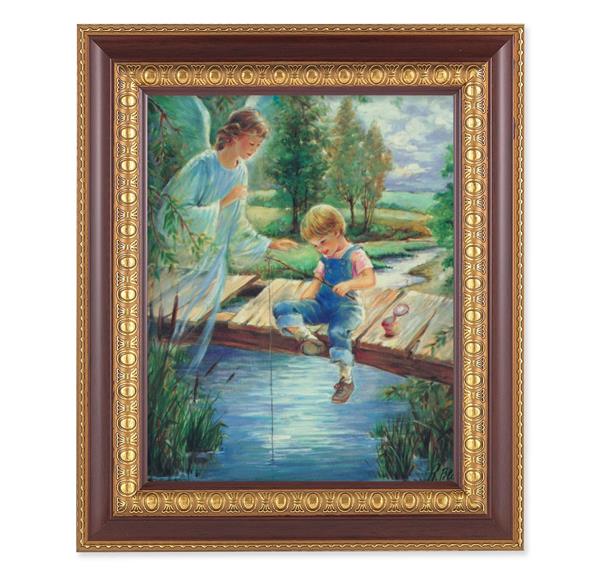 Guardian Angel with Boy Picture, 11-1/2"x13-1/2, Cherry Finish with Gold Egg & Dart Frame, Italian Print Under Glass # 26149