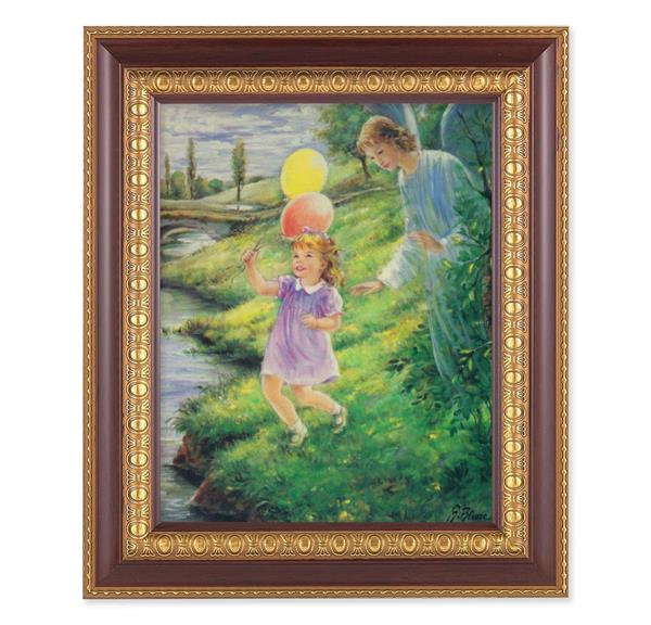 Guardian Angel with Girl Picture, 11-1/2"x13-1/2, Cherry Finish with Gold Egg & Dart Frame, Italian Print Under Glass # 26150