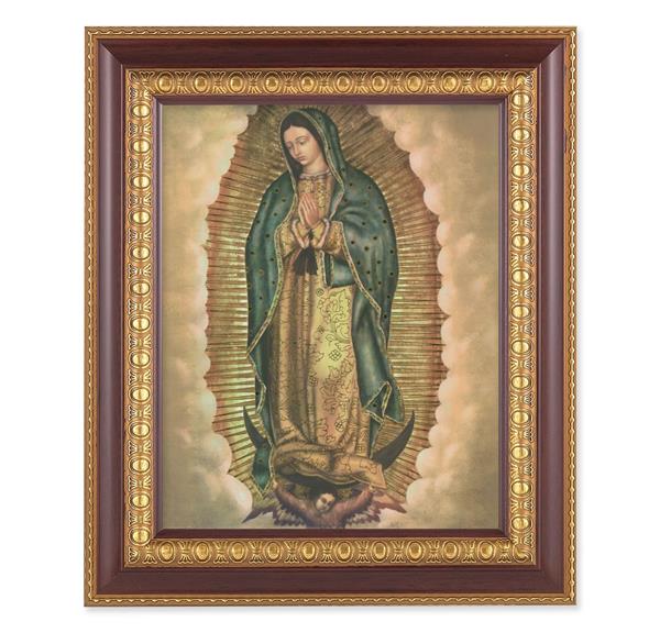 Our Lady of Guadalupe Picture, 11-1/2"x13-1/2, Cherry Finish with Gold Egg & Dart Frame, Italian Print Under Glass # 26154