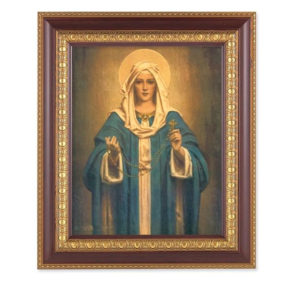 Our Lady of The Rosary Picture, 11-1/2"x13-1/2, Cherry Finish with Gold Egg & Dart Frame, Italian Print Under Glass # 26156