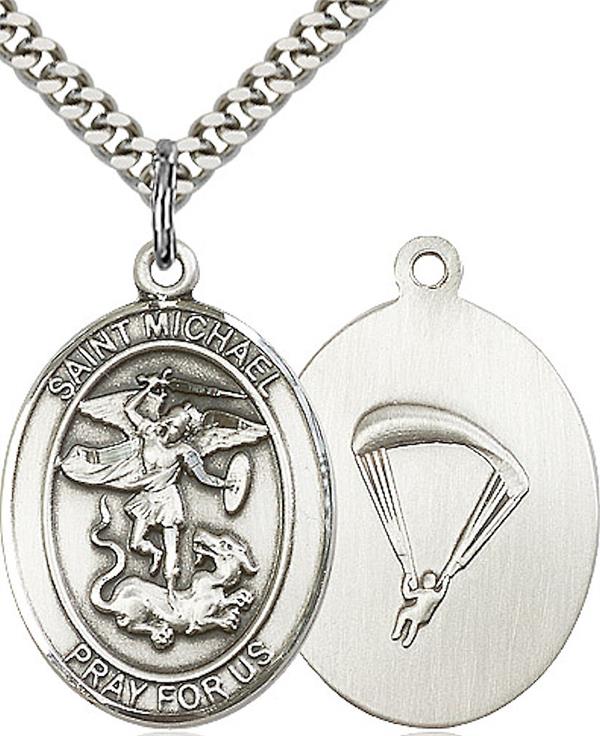 St. Michael Paratrooper Skydiving Medal, 1" tall, Fine Pewter, Your Choice of Chain, # 2618